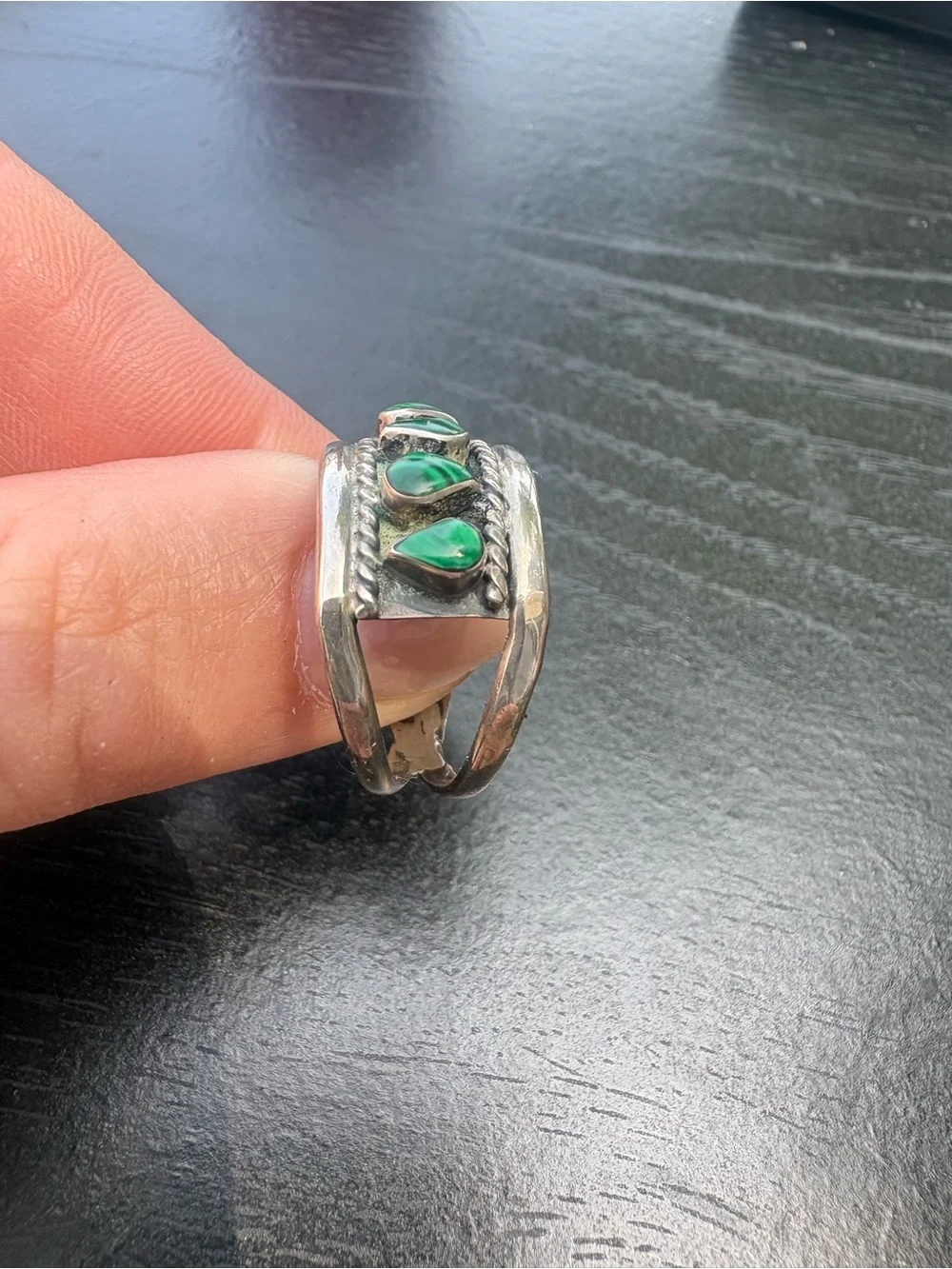 Vintage Navajo Sterling Silver Green Malachite 5 Stone Inlay Ring - Size 8.5